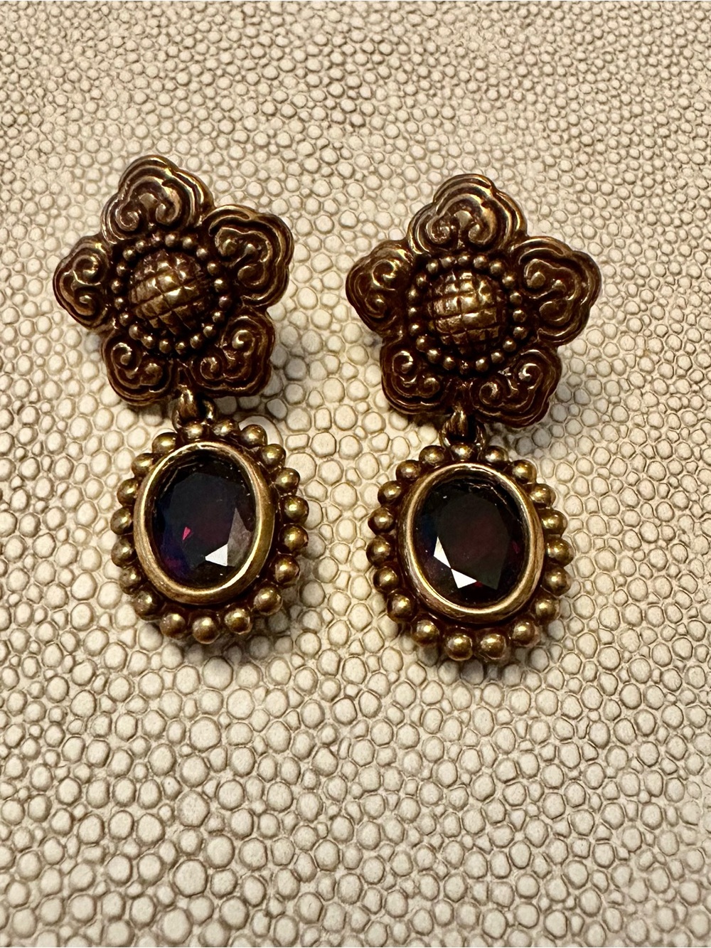 Vintage-Stephen Dweck Gold Floral Drop Earrings with Deep Garnet Stones